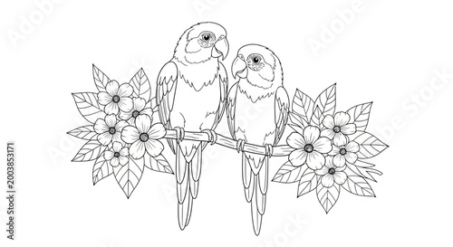 Two perched birds among blooming flowers on a branch illustration.