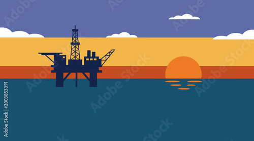 Offshore oil rig at sunset sea.