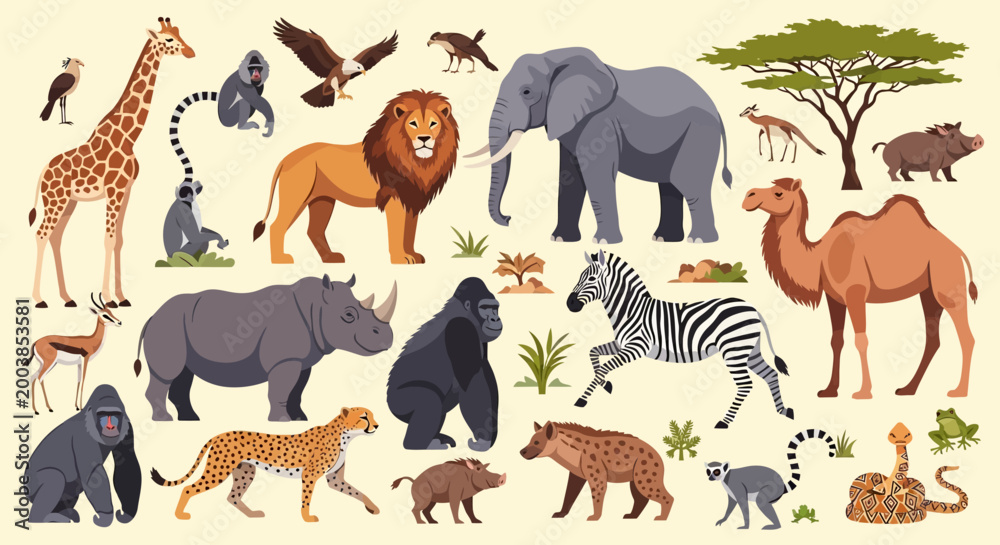 Obraz premium Diverse collage of wild and domestic animals including big cats, hooved mammals, birds, and marine species in a colorful illustration.