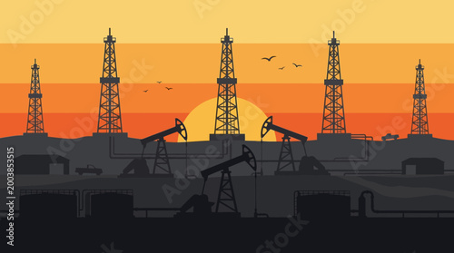 Industrial oil drilling at sunset landscape.