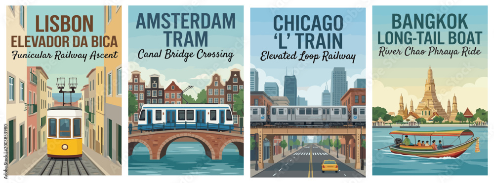Naklejka premium Vintage world travel poster set. Including lisbon elevador bica, amsterdam tram, chicago l train, and bangkok long tail boat. Retro vector illustration.