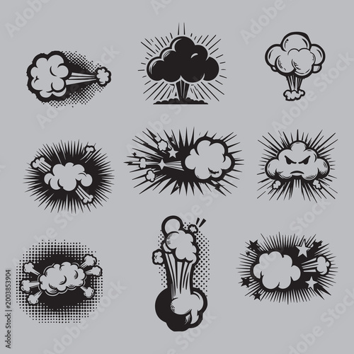 Retro Comic Explosion and Smoke Cloud Icons Set — Vintage Cartoon Burst and Pop Art Effects