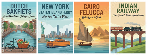 Vintage world travel poster set. Including dutch bakfiets bike, new york staten island ferry, cairo felucca, and indian railway. Retro vector illustration.