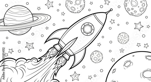 Black and White Space Rocket Launch Across Planetary Scene.