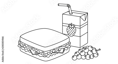 Delicious sandwich with juice box and grapes for a light lunch moment.