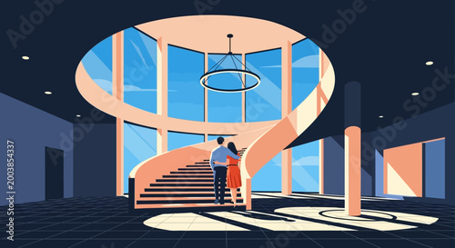 Contemporary Atrium Interior with Curved Staircase and Large Glass Windows.