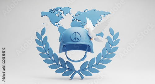 International Day of UN Peacekeepers 3D illustration symbolizing global peace and unity, depicting a peacekeeping helmet, a dove, an olive branch, and a world map