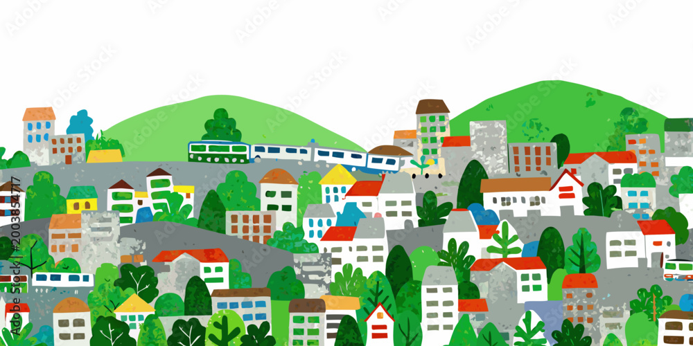 Fototapeta premium colorful hillside town illustration with houses trees and a train on a white background