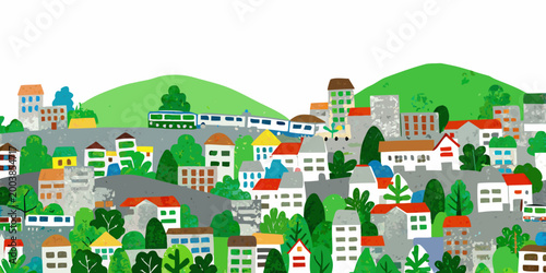 Bild auf Leinwand colorful hillside town illustration with houses trees and a train on a white bac