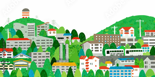 Foto watercolor hillside town illustration with colorful buildings and lush green tre