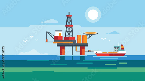 Offshore oil rig and supply ship at sea.