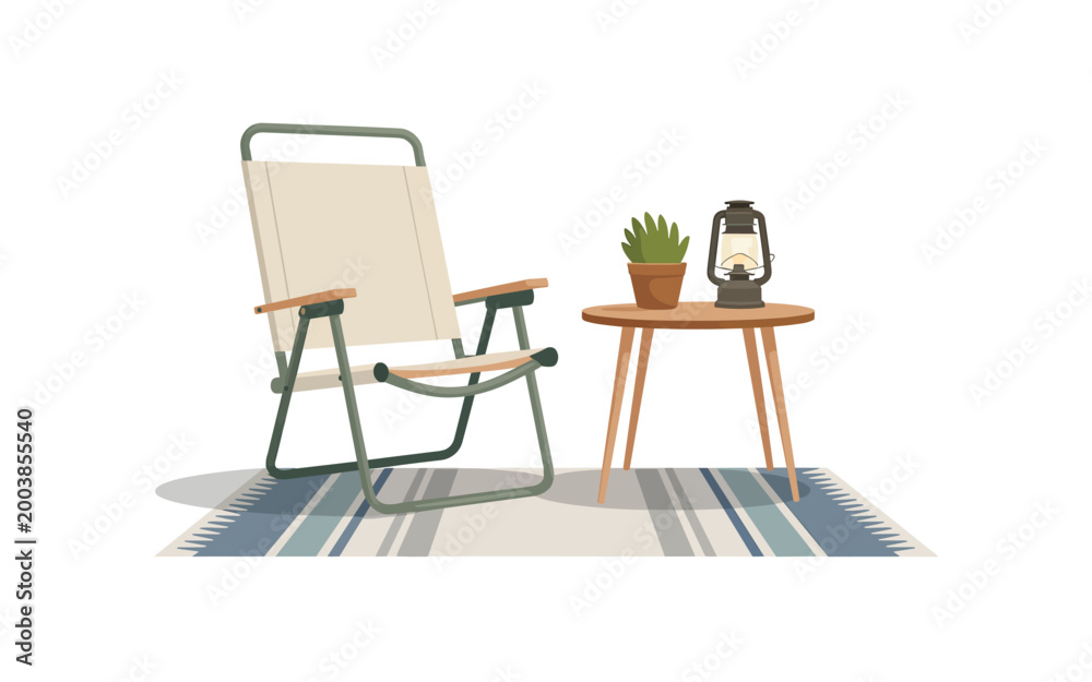 Fototapeta premium A serene outdoor setting with a chair, table, lantern, and plant on a striped rug.