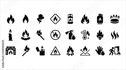 Fire and flame icon set, 24 black silhouette fire safety and heat symbols, flammable warning signs and bonfire vector collection for emergency UI