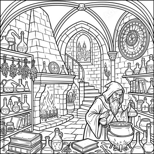 Wizard in his magic laboratory mixing potions coloring page