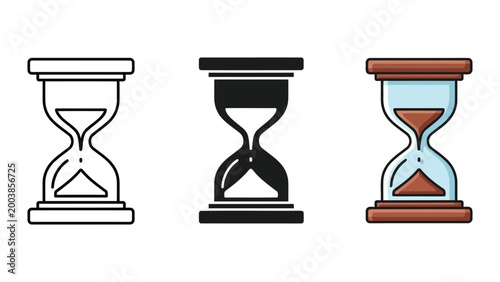 Three hourglass icons: outline, silhouette, and colored realistic vector illustration