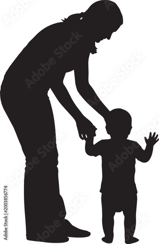 Black silhouette, mother and baby, parent helping child walk, parenting moments, family support