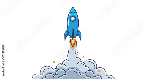 Blue Rocket Ship Launching Upwards Fast.