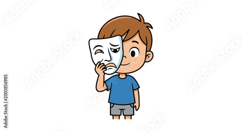 Boy holding comedy tragedy mask.