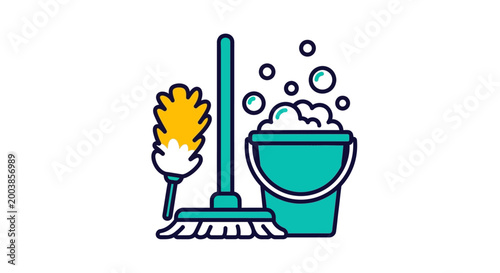 Broom and bucket cleaning tools.