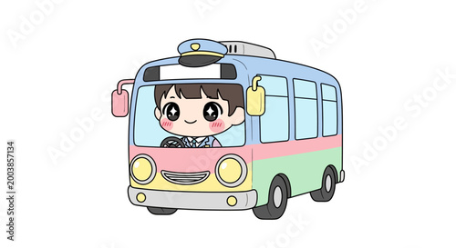 Cute cartoon child driving bus.
