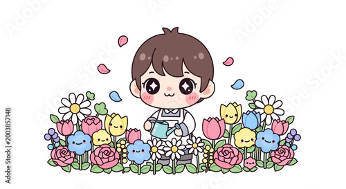 Cute cartoon girl with flowers bouquet.