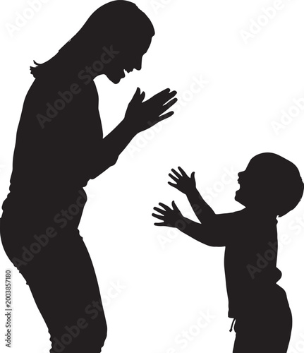 Mother and child silhouette playing together, happy woman and toddler clapping hands, family bonding moment vector illustration, parent and kid joy