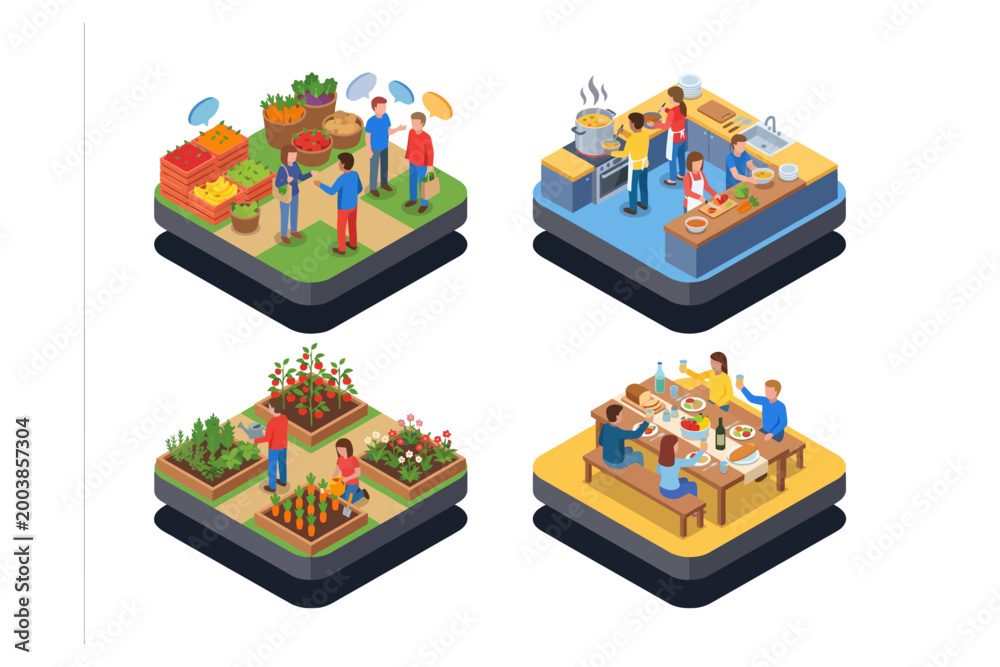 Obraz premium Vibrant Isometric Community Food Cycle Illustrations Market, Garden, Kitchen, and Shared Dining Experiences