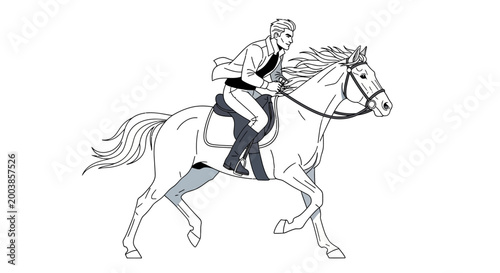 Foto Man riding a horse quickly outside.