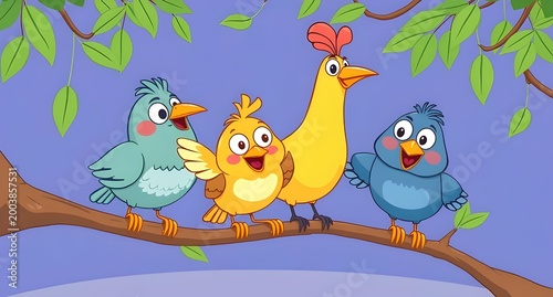 Colorful Cartoon Birds on Tree Branch: Blue, Yellow, and Red Chickens with Big Eyes and Smiling Faces in a Fun and Playful Nature Scene for Kids’ Stories and Children's Book Illustrations