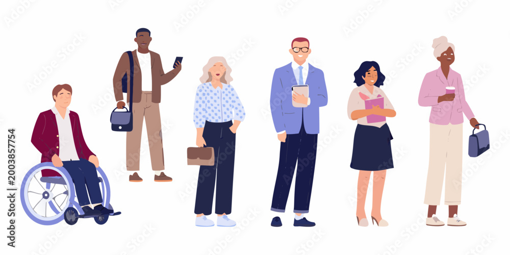 Obraz premium Diverse group of seven people standing together flat vector illustration with a white background