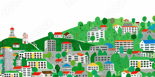 Bilde på lerret watercolor hillside town illustration with colorful buildings and lush green tre