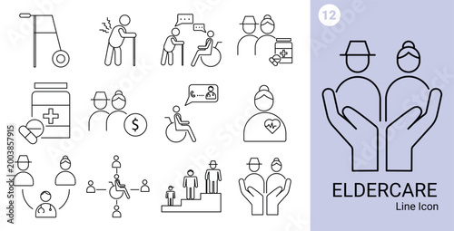 Elderly care outline icon set featuring icons of various old, senior, Pensioner, grandparents, caregiver, health care, and more, vector illustrations for healthcare and elderly support.