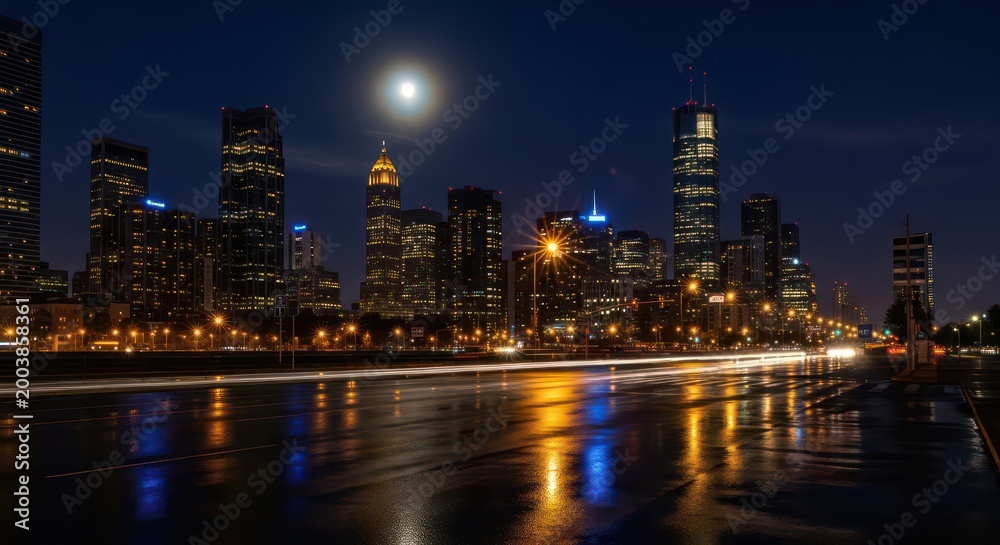 Fototapeta premium Nighttime Urban Skyline with Full Moon and River Reflections.