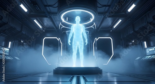 Futuristic hologram of human body, glowing blue digital avatar in high-tech laboratory chamber