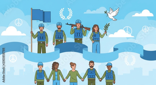 International Day of UN Peacekeepers International Day of Peace celebration with diverse people and peacekeepers holding hands under a blue sky with doves and flags, symbolizing unity and harmony