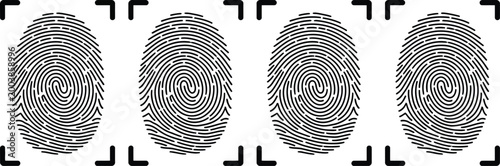Biometric fingerprint icon set, minimalist vector fingerprint icons representing biometric security identification and authentication systems for modern UI design.