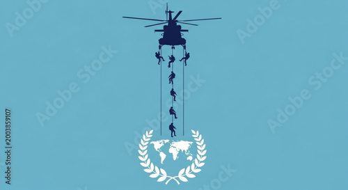 International Day of UN Peacekeepers Elite tactical unit rappelling from helicopter above global emblem symbolizing security and international cooperation
