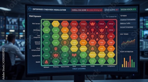 Cyber risk heatmap displayed on a monitor in a control room environment with strategic data visualization