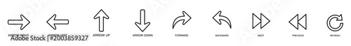 Arrow icon navigation interface button symbol outline vector collection showing right left up down forward backward next previous refresh control for website or app black line style on white