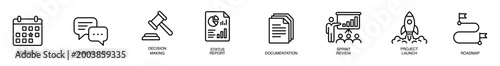 Schedule communication decision report documentation review launch roadmap outline icon collection for business project management agile sprint workflow planning timeline minimal black line symbol