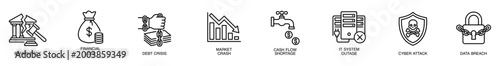 Bankruptcy financial loss debt crisis market crash cash flow shortage system outage cyber attack data breach icons showing business risk security threat economic downturn outline style