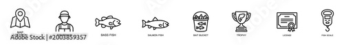 Fishing icon outline fisherman bass salmon bait trophy map location pin bucket license document scale collection for web interface, simple black line symbol for angling gear, sport award