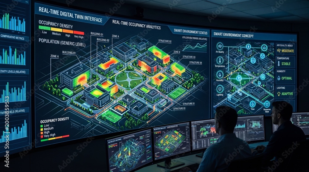 Fototapeta premium Advanced data visualization dashboard displaying heat maps and analytics for urban planning in a modern control room