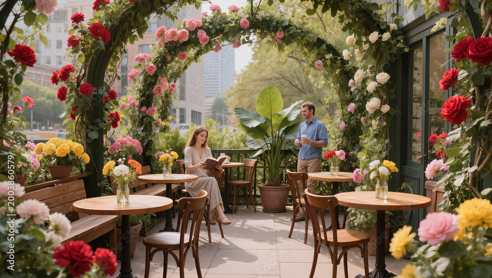 Obraz premium Romantic Outdoor Cafe with Blossoming Rose Arch and Couple