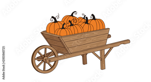 Rustic wooden wheelbarrow filled with vibrant orange pumpkins, isolated on a white background, showcasing autumn harvest abundance