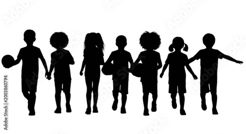 Foto Black silhouettes of happy children playing together isolated on transparent bac