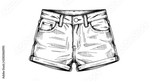 Detailed black and white illustration of cropped denim shorts with textured shading and front pocket design on a plain white background