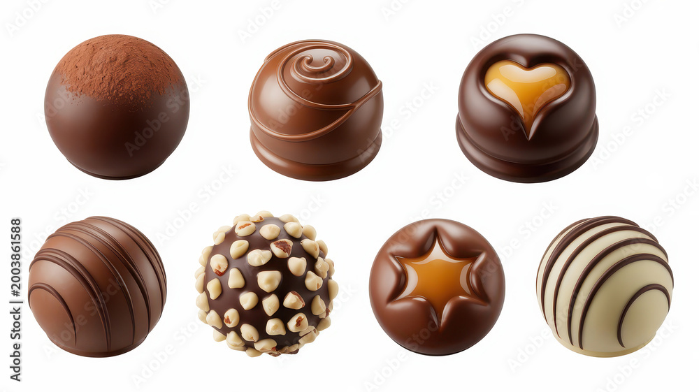 Fototapeta premium A collection of six assorted gourmet chocolate truffles, isolated on a white background