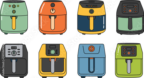 Air fryer illustration showing colorful kitchen appliance variations with modern cooking design