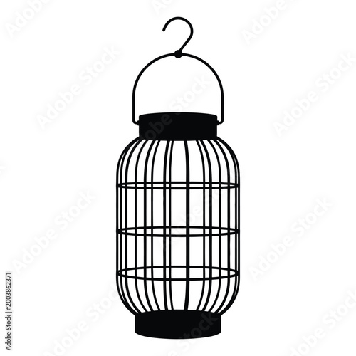 Black metal lantern silhouette with arched handle and cage design isolated on white background silhouette